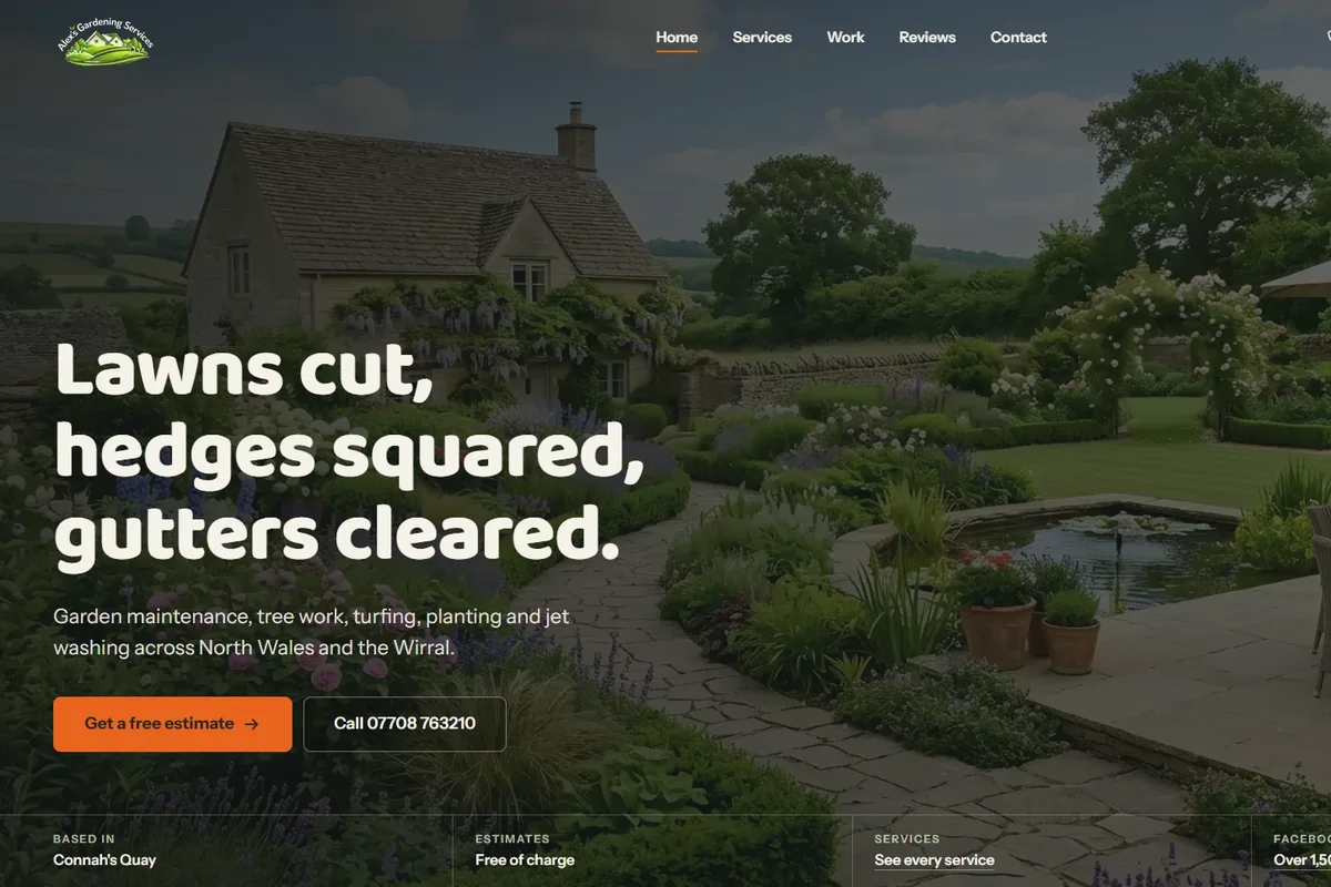 Alex's Gardening Services, home page on desktop