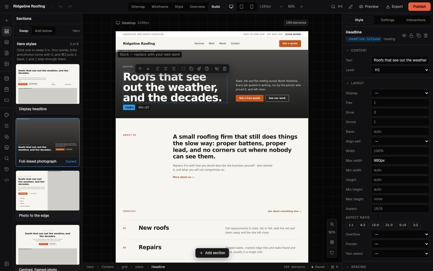 The Workshop editor, with a website’s home page open on the canvas and the editing panels either side of it